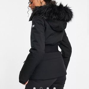 ASOS 4505 ski belted jacket with faux fur hood BLACK SIZE 4